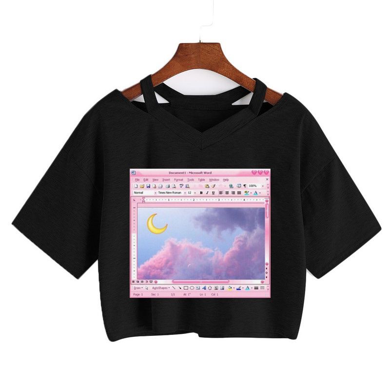 Summer 2021  Cute Moon Print Pink Female Tshirt Japanese Anime Clothes Harajuku Kawaii Women's T-Shirt Casual Tops