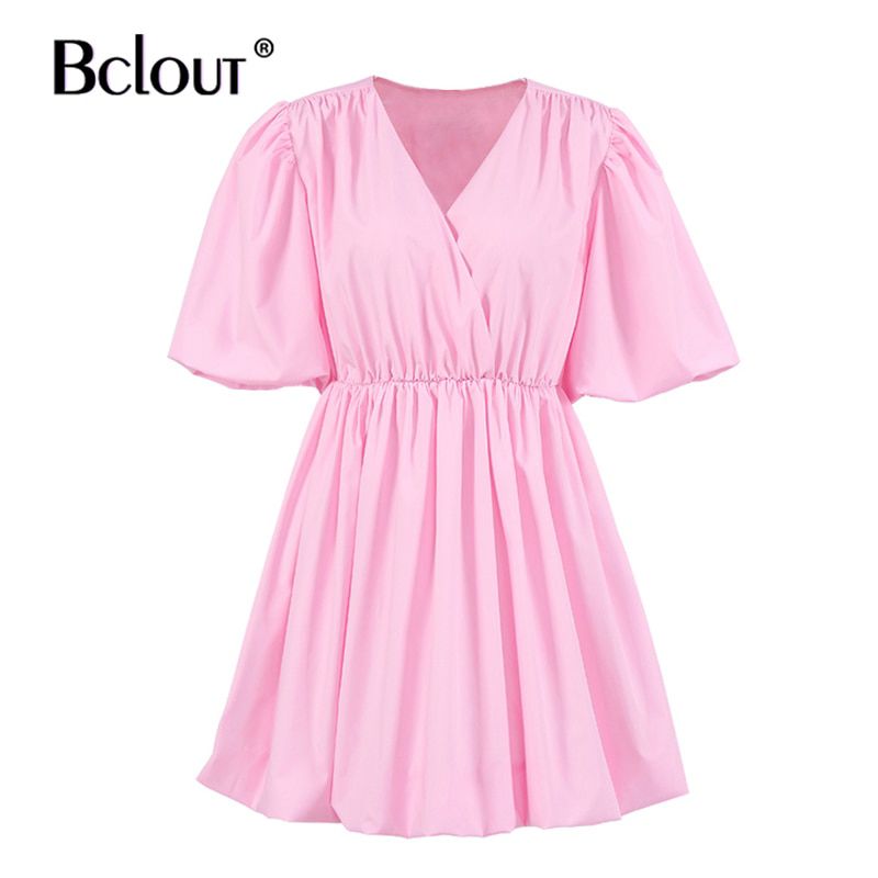 Bclout Elegant White Pink V Neck Bodycon Dress Women 2021 Summer Puff Sleeve Short Dress Casual A-Line Pleated Vestido Lady
