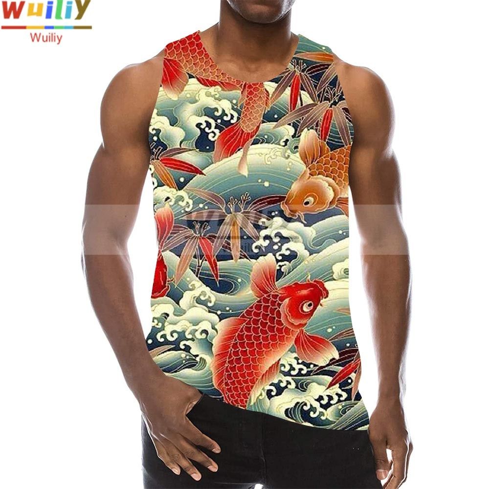 Myth Lucky Fish Graphic TaTops For Men 3D Print Sleeveless Carp Leaping Over TDragon Gate Pattern Top Beach Vest Tank