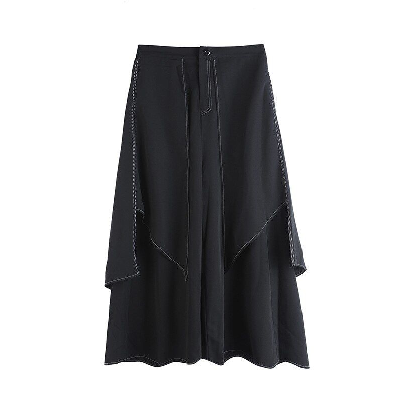 High Waist Black Linen Split Joint Long Wide Leg Trousers Loose Fit Pants Women Fashion Tide Spring Autumn 1DA613
