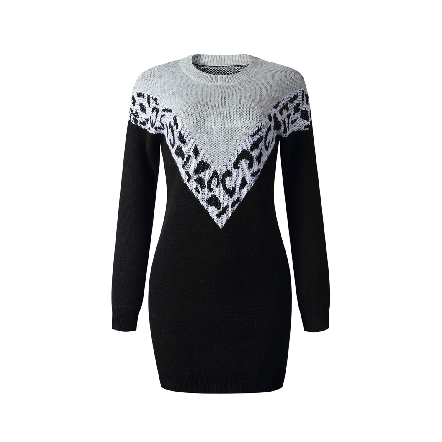 Women's Leopard Print Dress, Loose Round Neck Long Sleeve Dress, Contrast Color Autumn Blouse