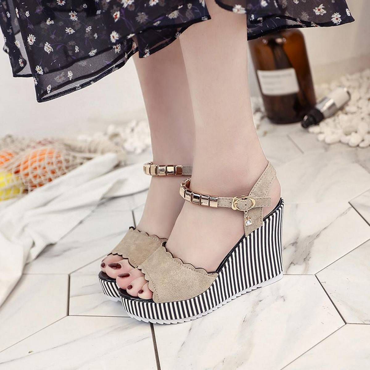 Korean Style Women Sandals Lady Shoes Women Stripe Rhinestone Platform High Heels Sandals Buckle Slope SandalFashion Shoes Work female shoes women shoes