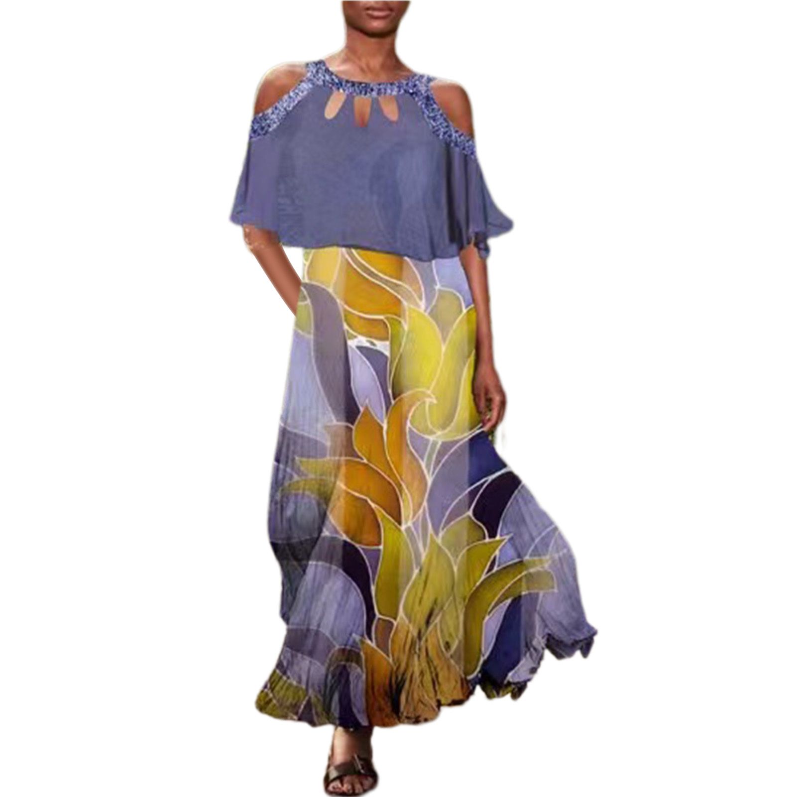 Beh Dress Colorful Butterflies Floral Print Off Shoulder Long Dress