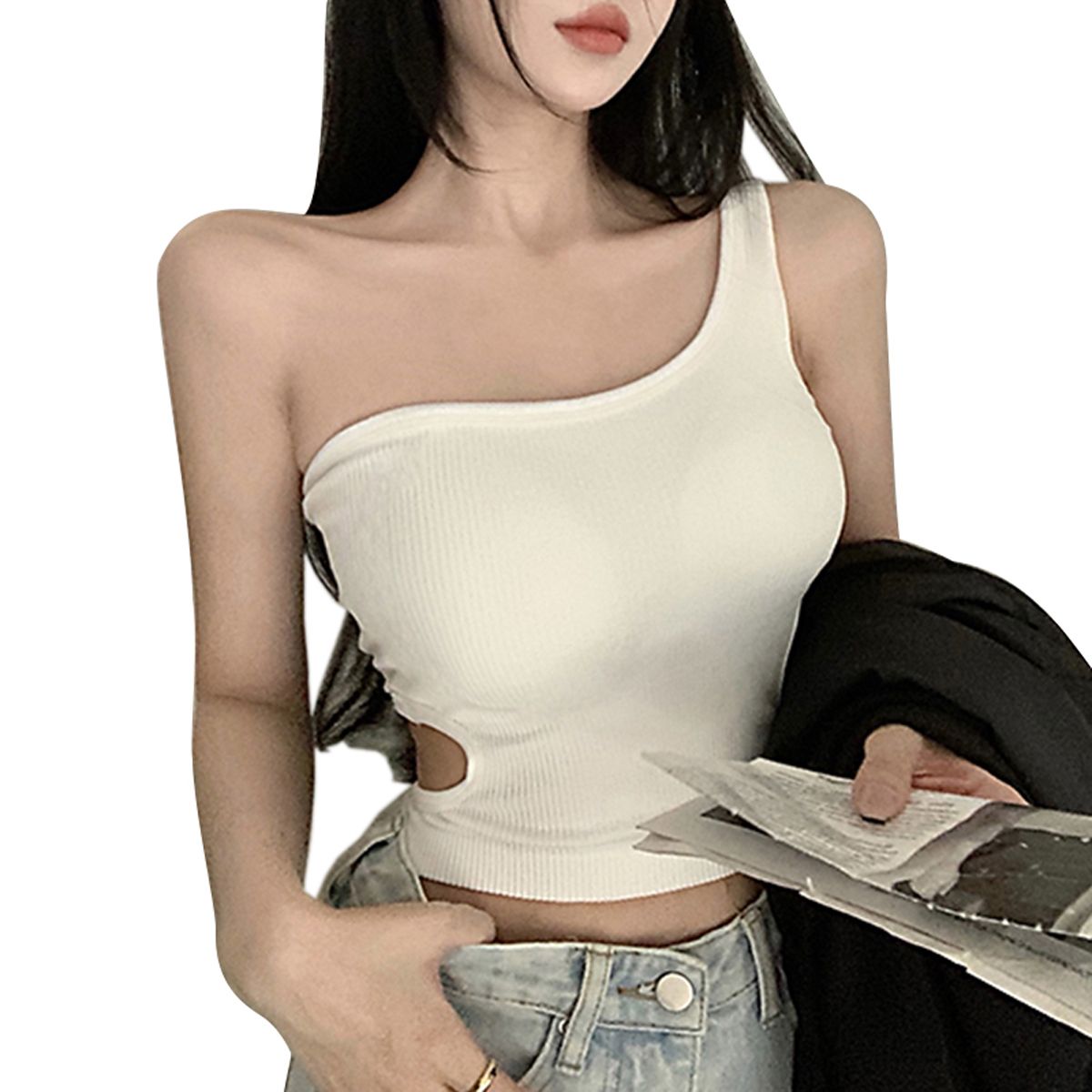 Women Summer Tank Tops, Solid Color Hollow-Out One-Shoulder Sleeveless Slim Crop Tops for Ladies, 4 Colors
