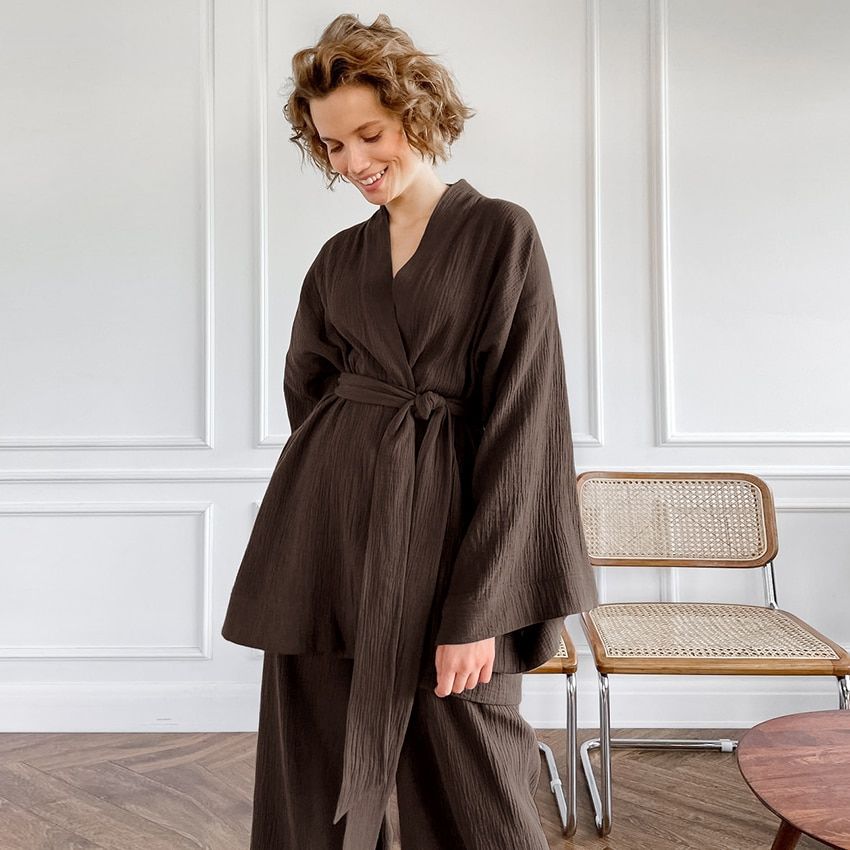 Cotton Women's Nightgown 2 Pieces Set Drop Sleeves Robe Trouser Suits Flare Female Pajamas Autumn Bathrobe For Woman