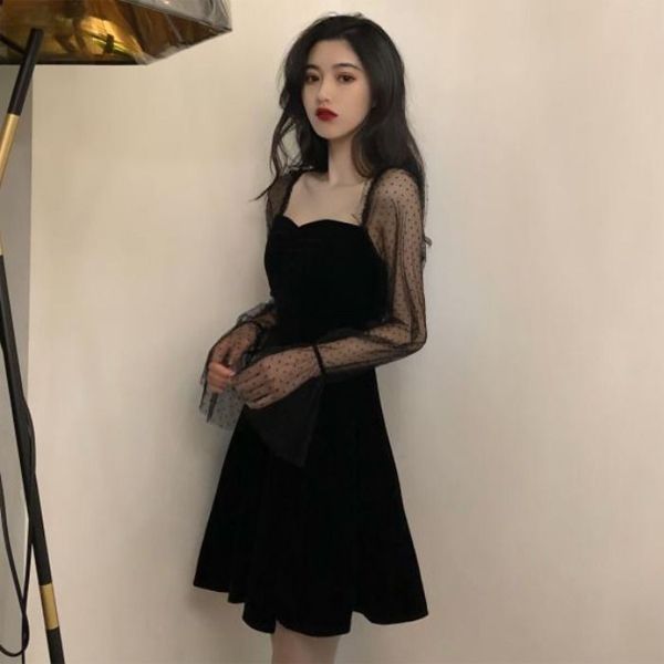 Dresses Womens Summer Vintage A-Line Solid Mesh Flare Sleeve Knee Length Square Collar Elegant Feminine Sexy Chic Women 2020 New