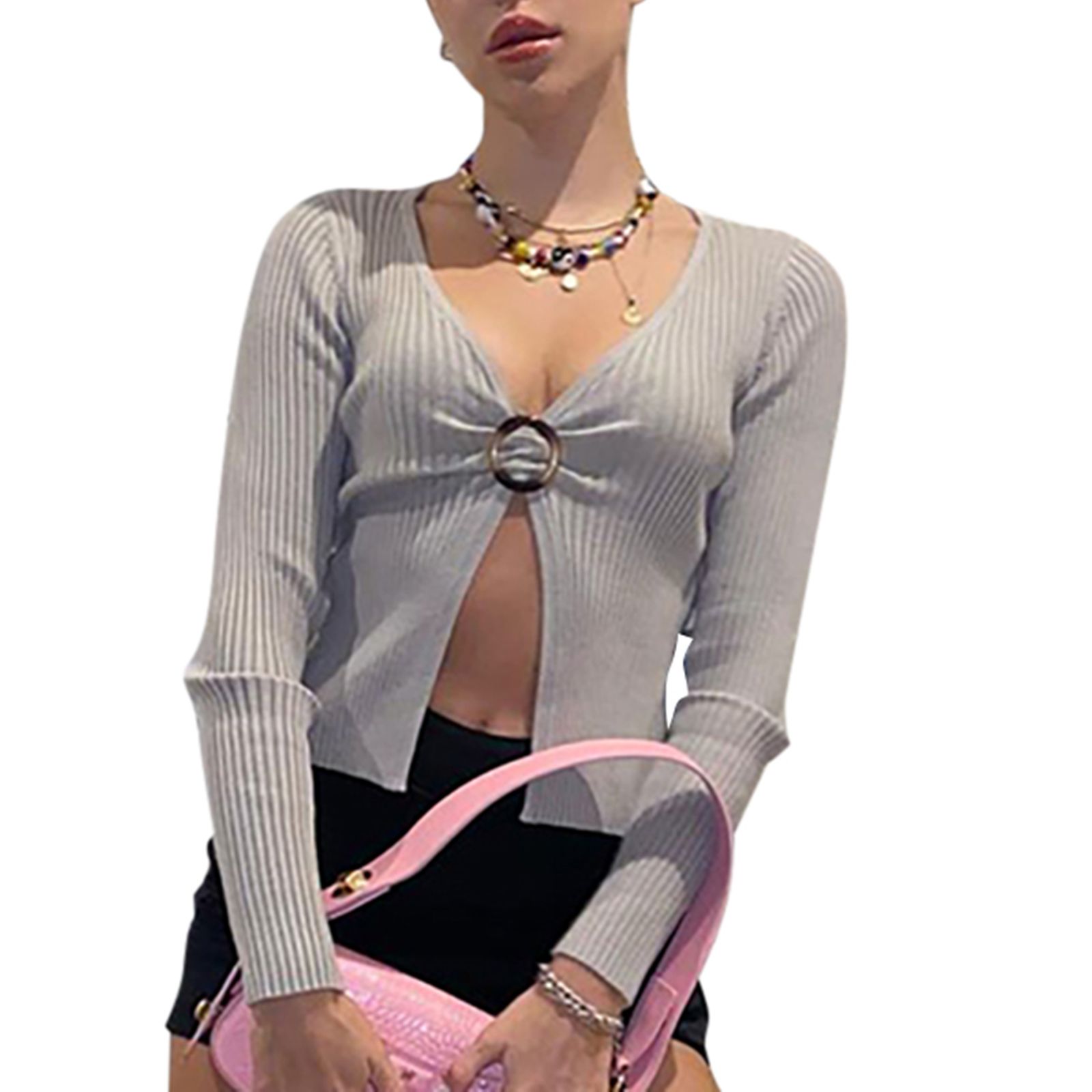 Women's Tops, Solid Color V Neck Long Sleeve Split Crop Front Knot Slim Fit Cardigan T-shirt
