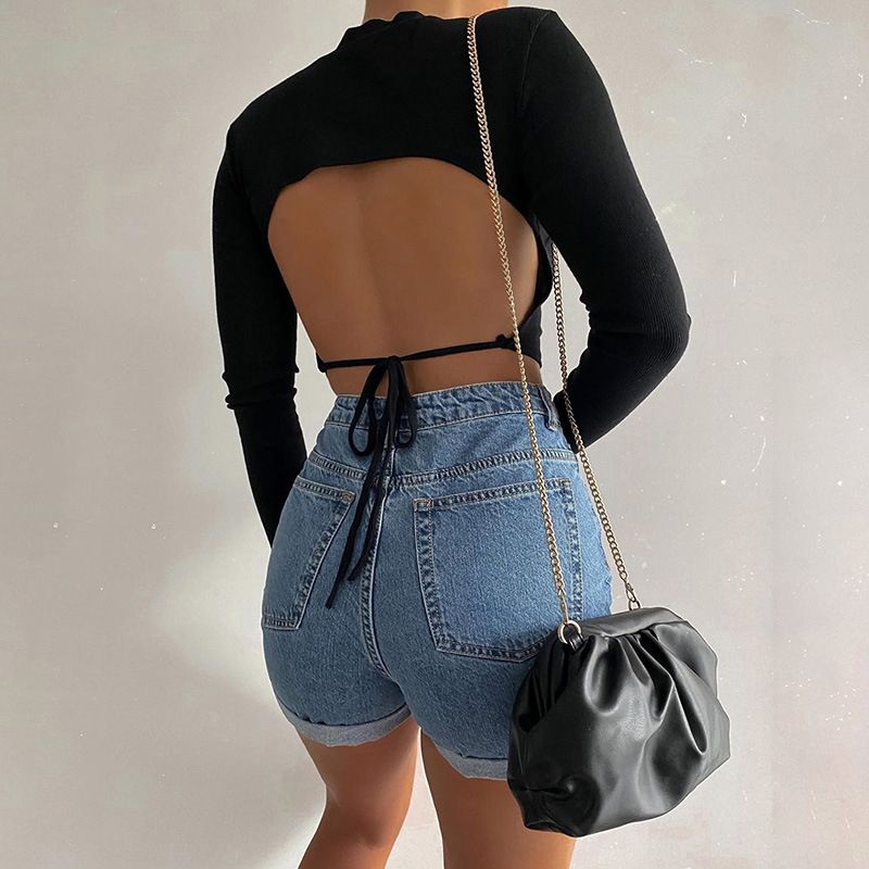 Women’s Summer Long-sleeved Top Fashion Solid Color Backless Hollow Bandage Round Neck T-shirt