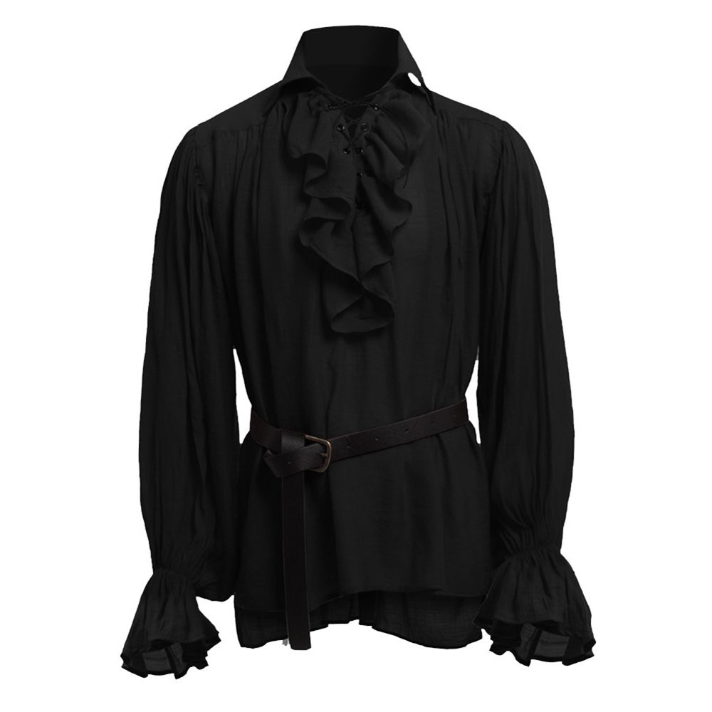 Men Solid Color Plicated Stand Collar Long Sleeve Medieval Shirt Cosplay Costume