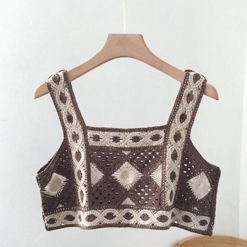 Patchwork Cropped Top Women Clothing Knitted Hollow Out Camisole Female Clothes Backless Lace Tops Ladies Tank-top Summer