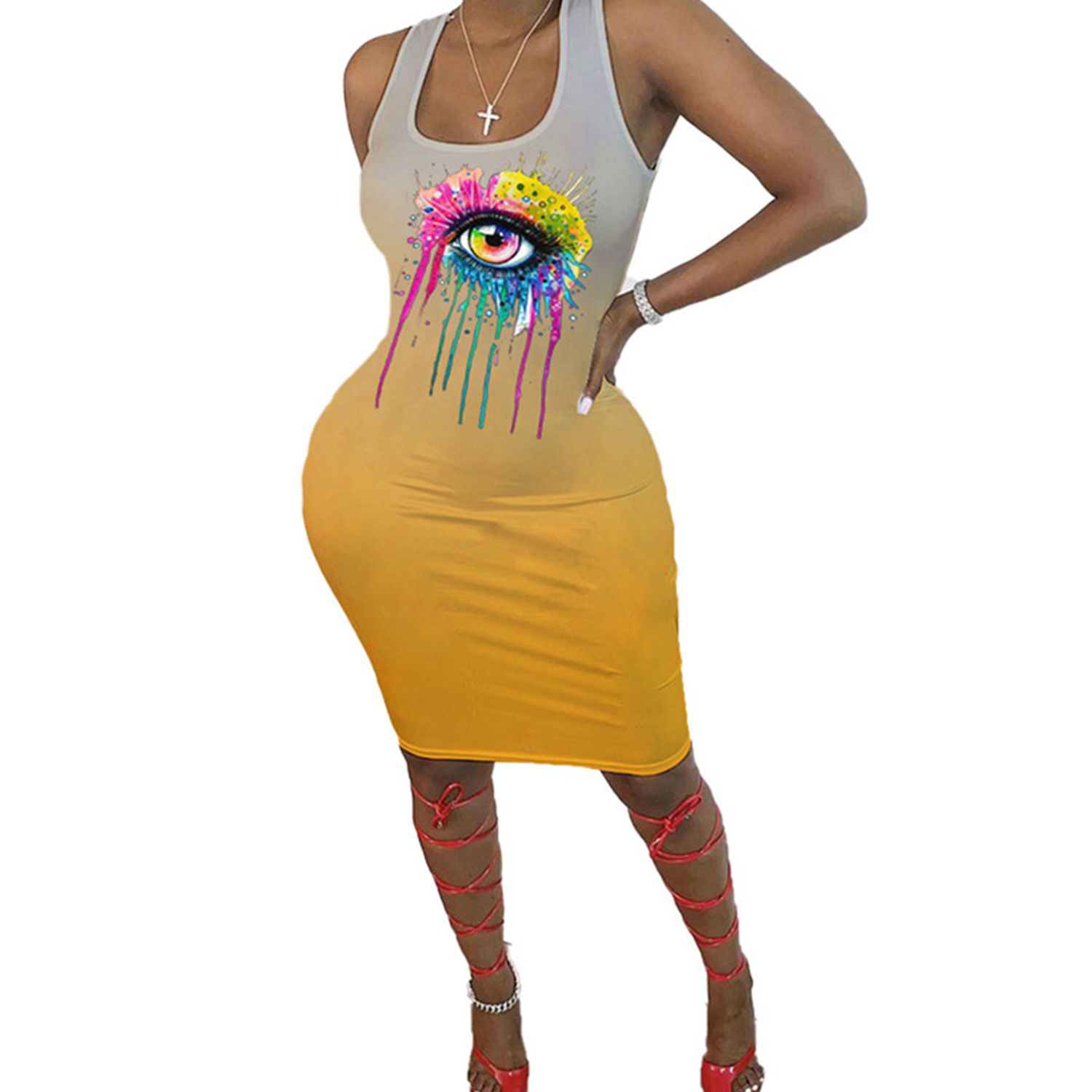 2021 Women's fashion Sleeveless Midi Dress Casual Fashion Gradient Color Big Eyes Print Bag Hip Dress
