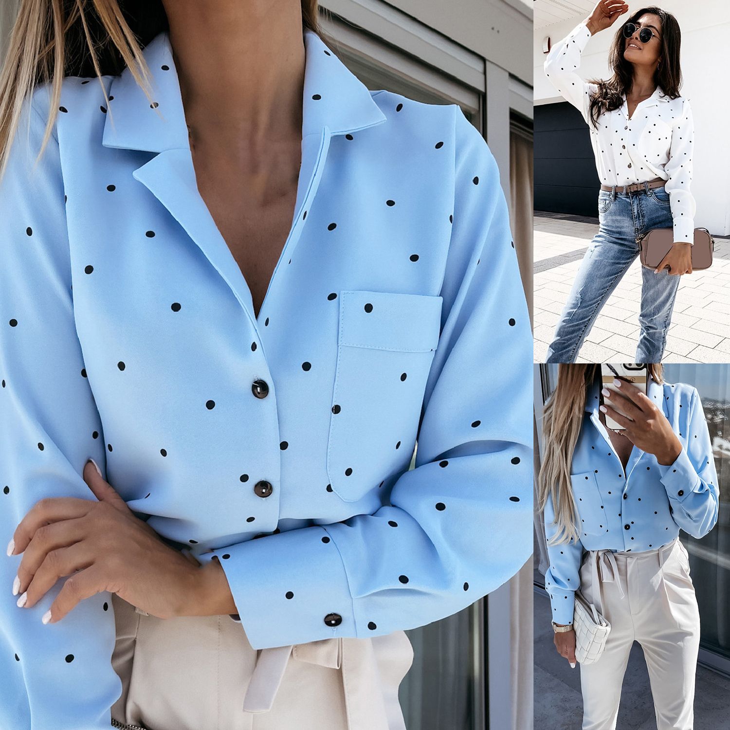 Shirt Long Sleeve Chiffon (Free Shipping)Spring Clothing Casual Deep V-Neck Women Shirt for Office Gril