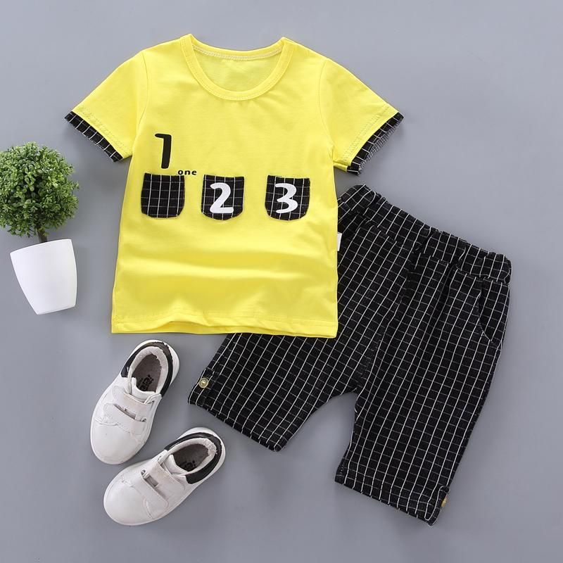 Baby Boys Casual Short Sleeve Number Print T-shirt Tops+Plaid Shorts Costume Set