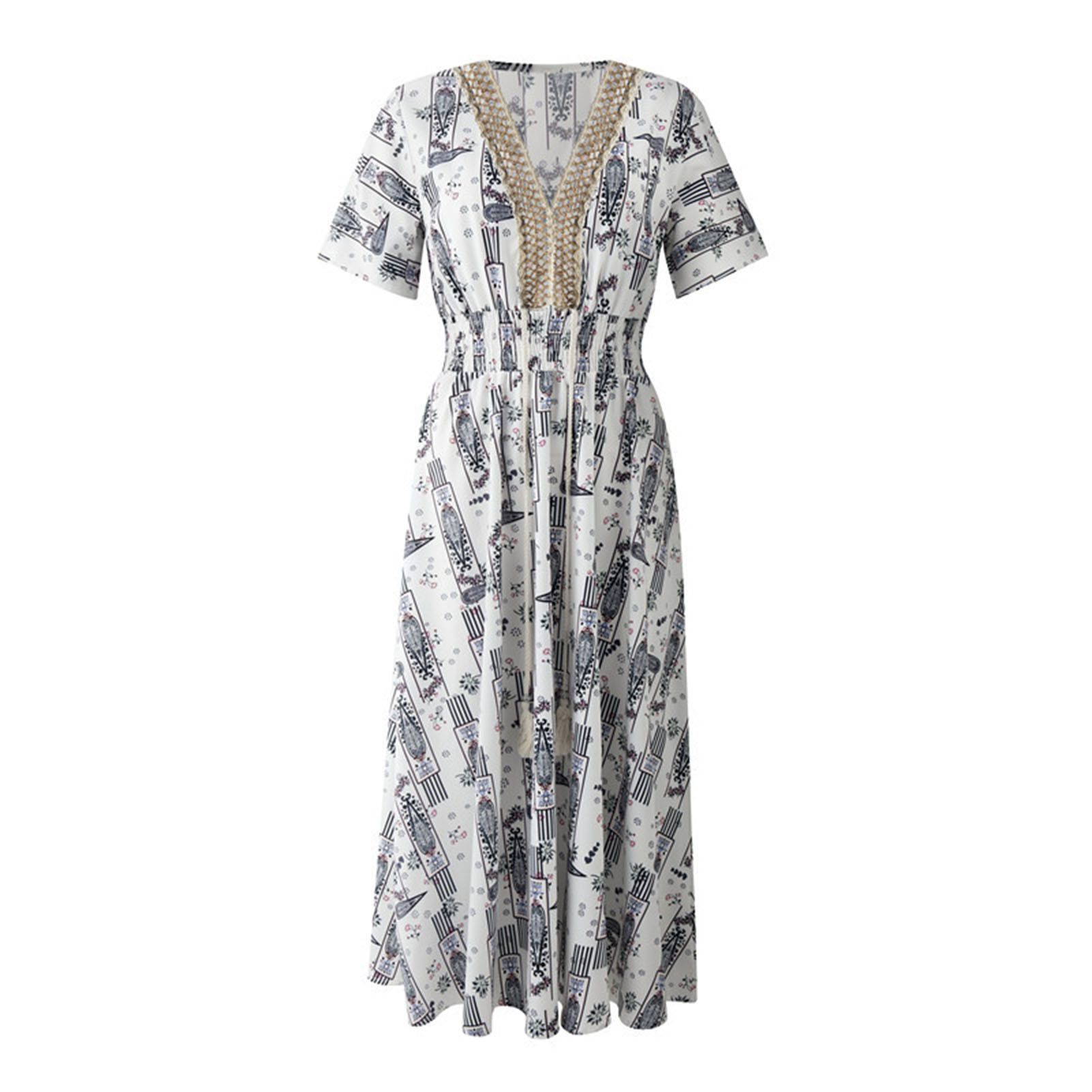 Women Dress V Neck Paisley Print Waist Tight Short Sleeve Long Dress Streetwear for Summer