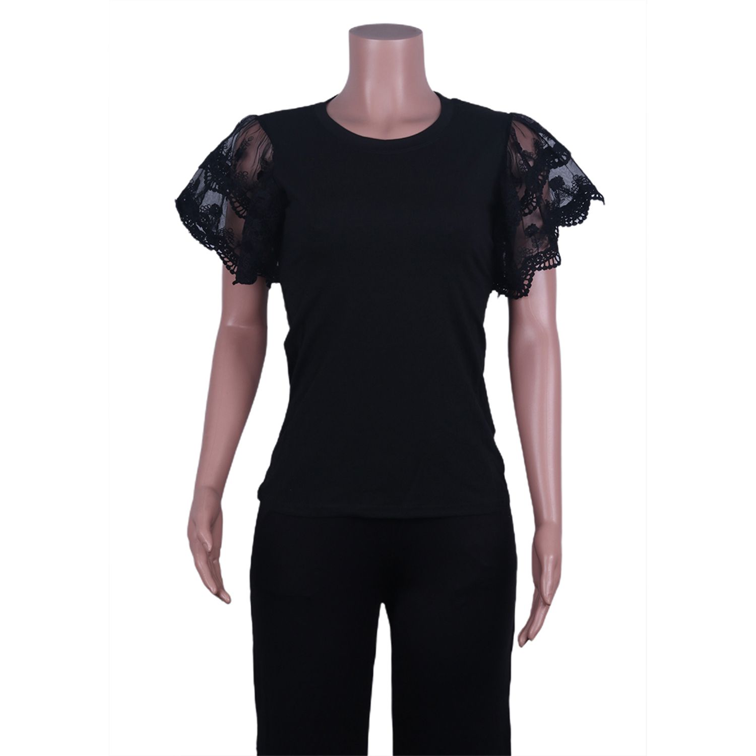 Female T-Shirt, Solid Color Round Neck Short Petal Sleeve T-Shirt Women’ s Tops, Black/White