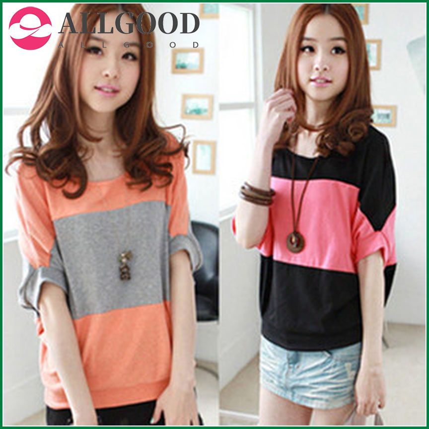 Women's Casual Batwing Sleeve T-shirt Splicing Stripe Pattern Cotton T Shirt Loose Tops