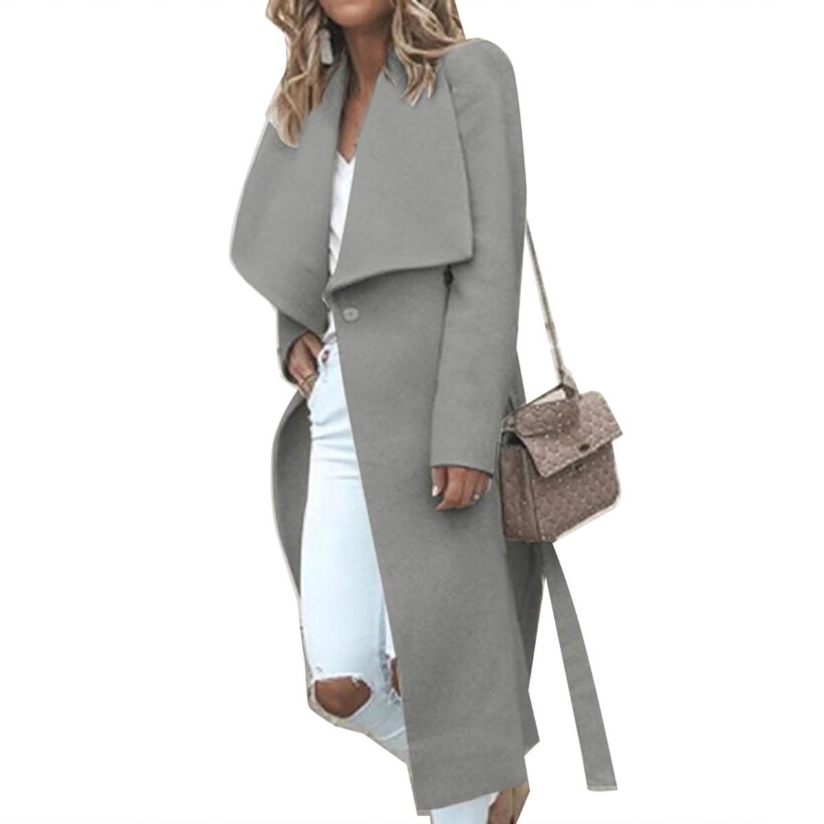 Fall Winter Chic Lady Solid Color Lapel Long Sleeve Button Slit Woolen Overcoat