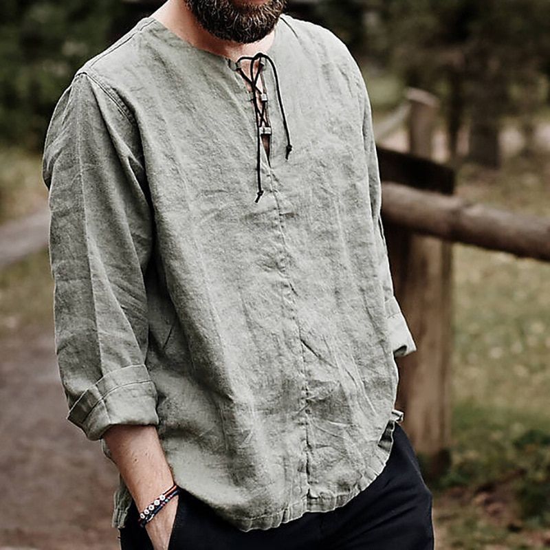 2021New Men's Linen V Neck bandage T shirts Male Solid Color Long Sleeves Casual Cotton Linen tshirt Tops M-3XL