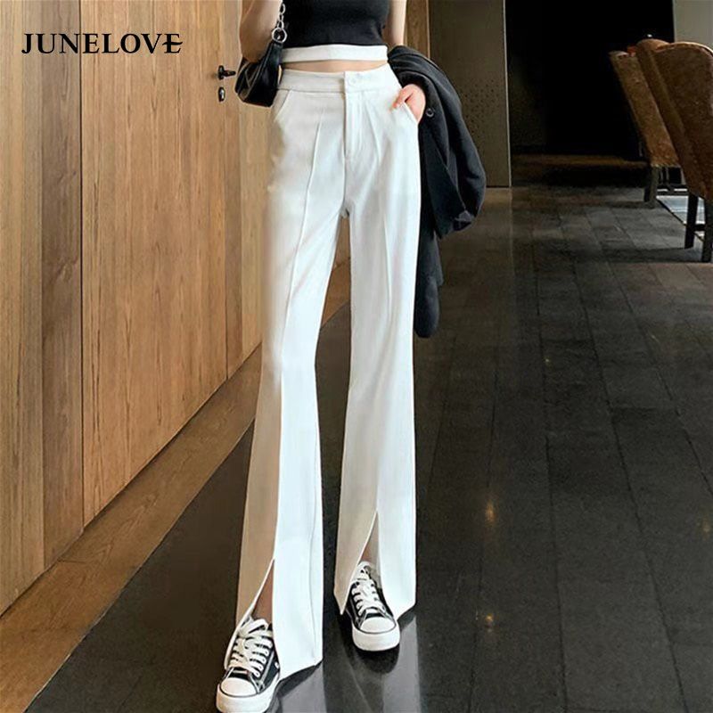 JuneLove Vintage Long Flare Pants Women Korean Streetwear High Waist Trousers Lady Casual Front Split Bell Bottom Long Pant