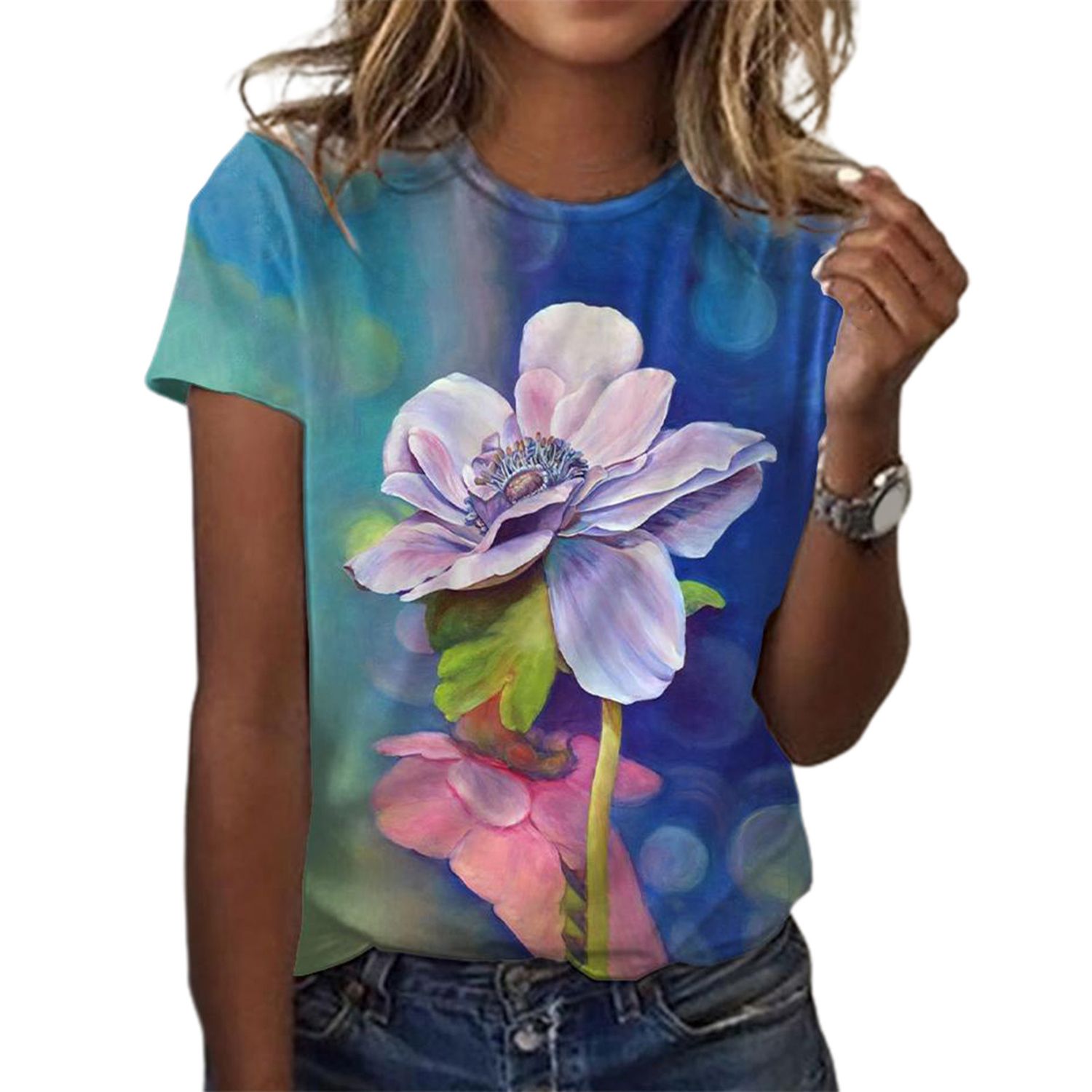 Summer Top Good Elastic 3D Flower Print Oil Painting T-shirt