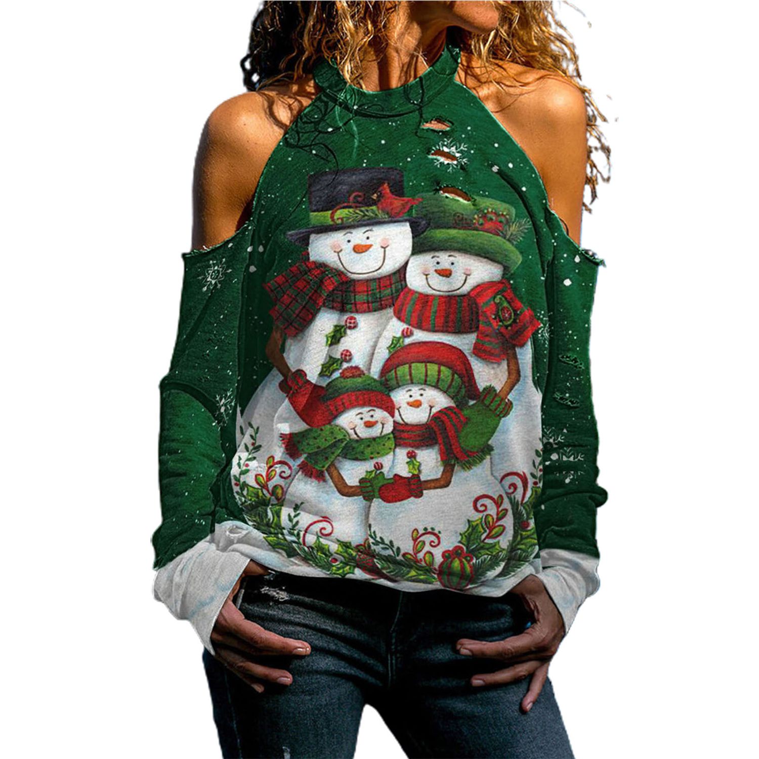 Christmas Blouse O-Neck Santa Claus Print Xmas Pullover Blouse