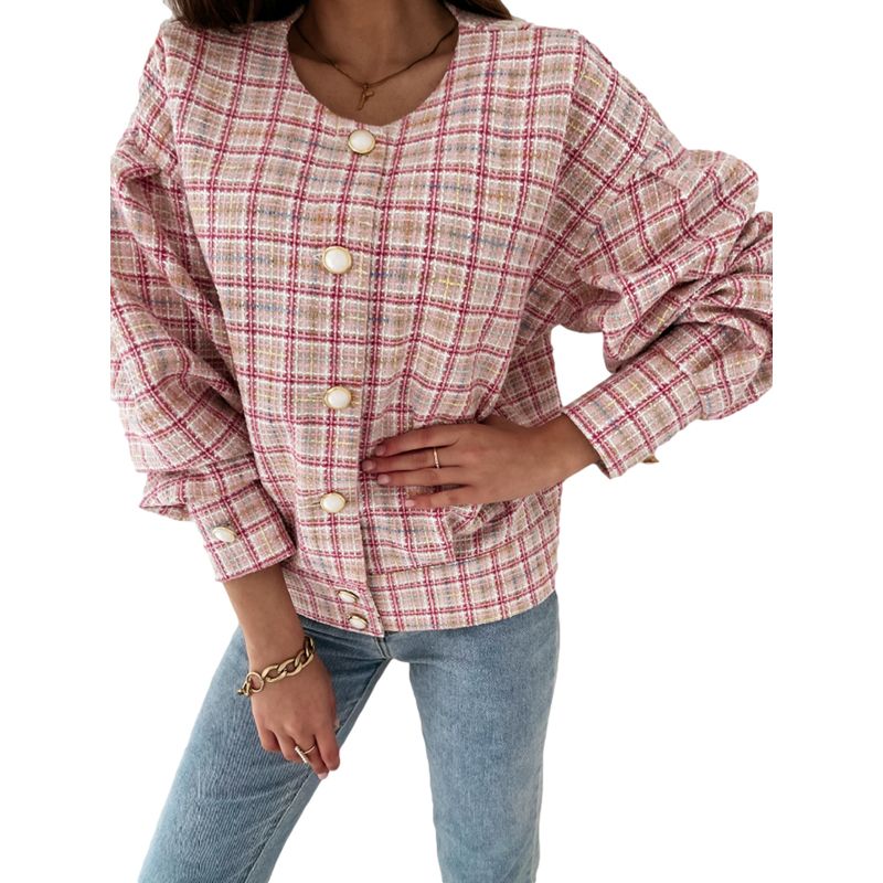 Women Plaid Print Button-up Coat, Loose Fit Long Sleeve O-neck Jacket for Spring, Autumn