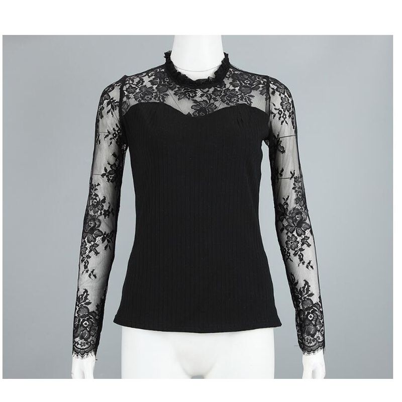 Slim Patchwork See Through Long Sleeve Top Lace Ruffle Mock Neck Knitted Wild Fashion Pullover Top Shirt For Women and Girls