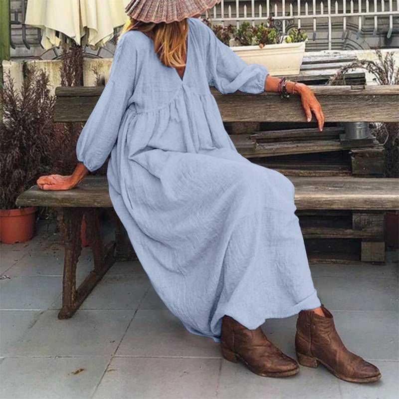 Stylish Puff Sleeve V Neck Maxi Long Dress Women Autumn Sundress Female Solid Cotton Linen Dresses Holiday Vestido Robe 7