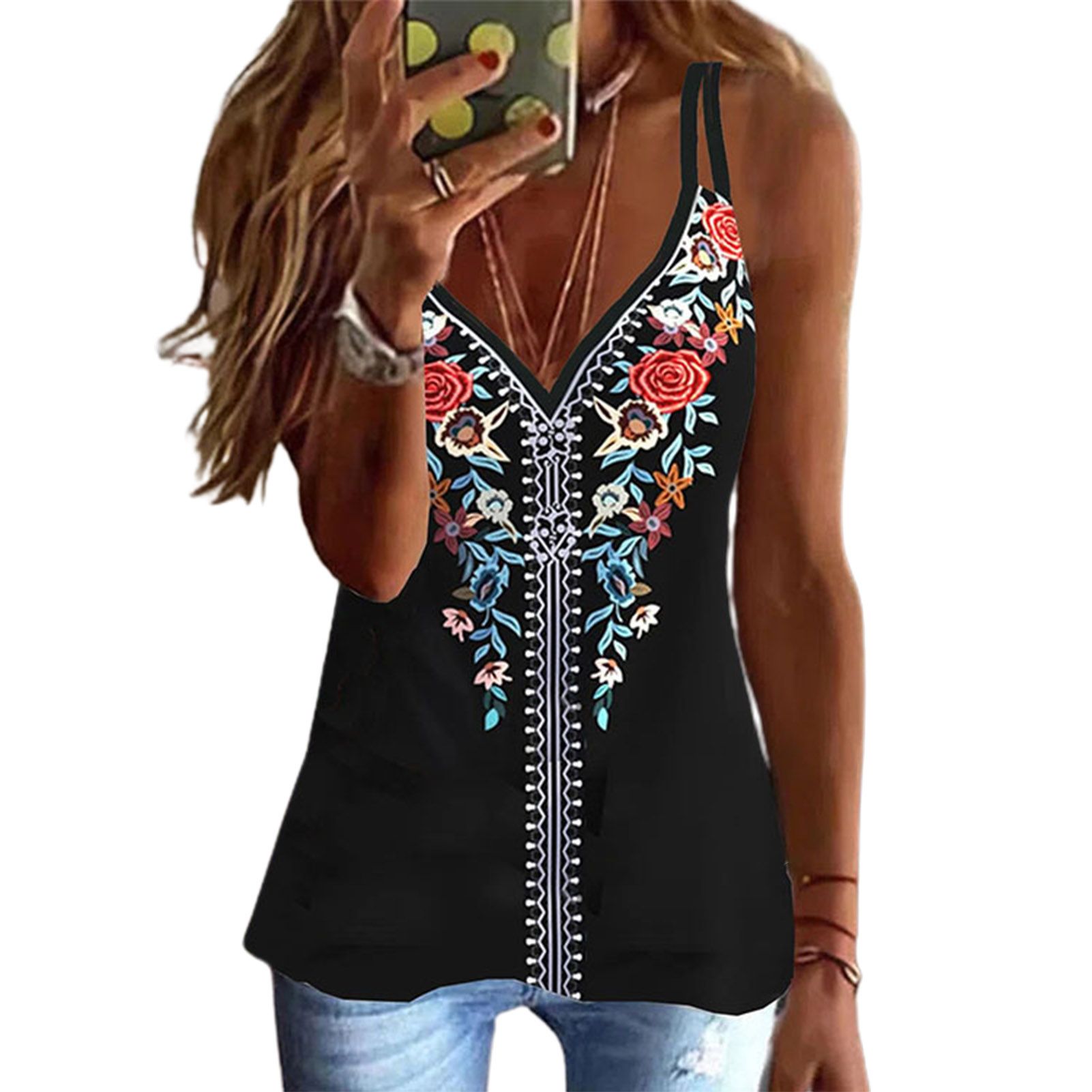 Pullover Top Loose Summer Ethnic Style Pattern Camisole Top