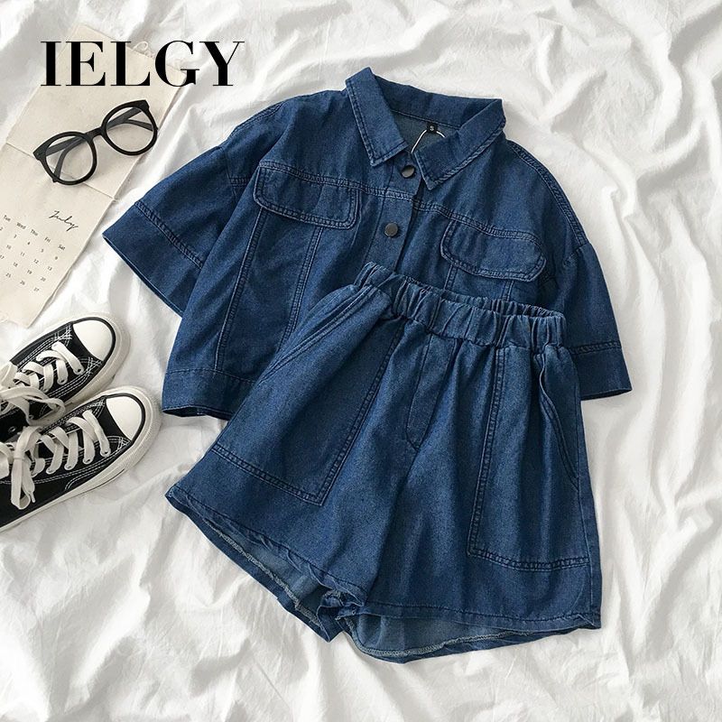 IELGY fashion two-piece suit cowgirl cardigan short sleeve shirt high waist wide leg shorts
