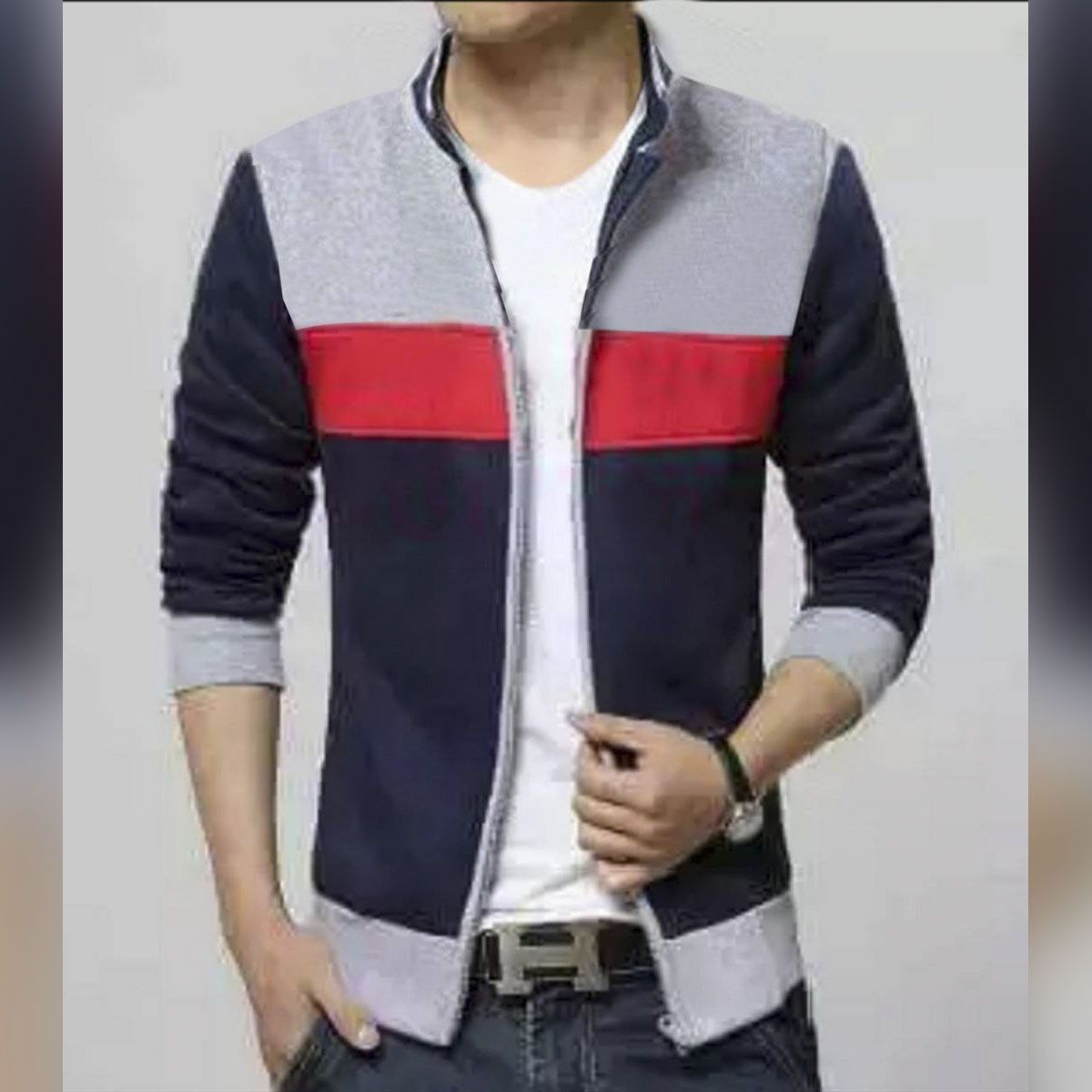 Gray and Navy Blue Cotton Jacket For Men