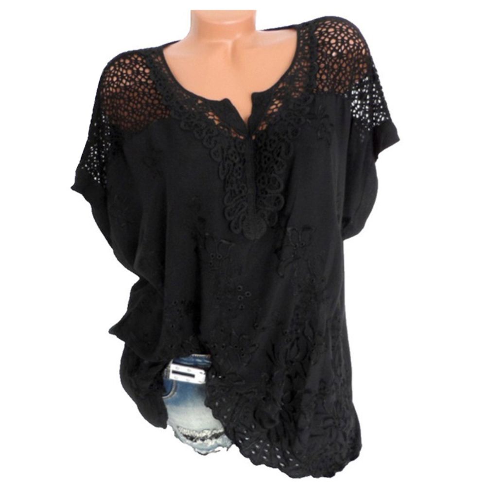 Women V Neck Short Batwing Sleeve Blouse Floral Embroidery Hollow out T-shirt