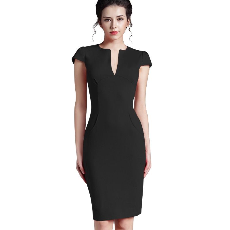 Nice- Office Women Vintage Summer Solid Deep V neck Zipper Back Formal Stretch Pencil work Bodycon Pocket Dress 521