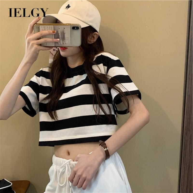 IELGY High waist Trendy Women's t-shirt Loose Stripes Top All-match Short sleeve Fashion Black