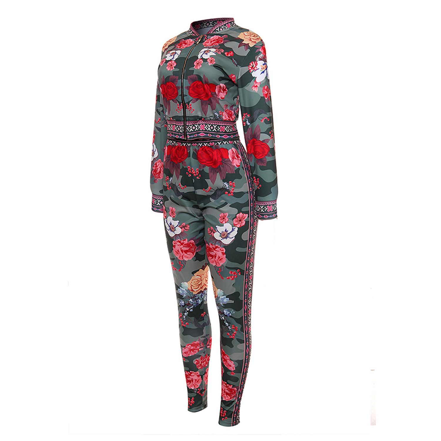 2 PCS Women’s Floral Printed Outfits, Flower Pattern Long-Sleeves Jacket + Skinny Pants  Tracksuit Set for Club, Party, Sports