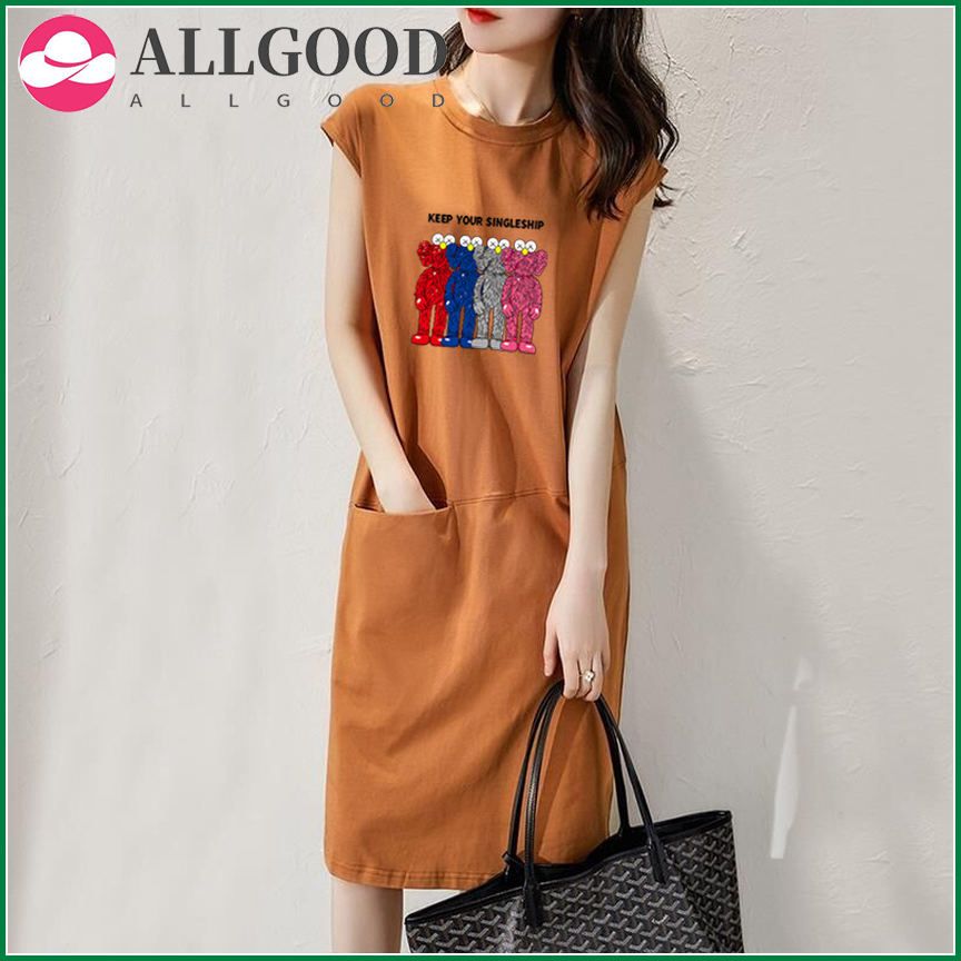 Fashion Printed Woman Dress Summer  Plus Size Long Dresses Sleeveless Black Tshirtdress Korean Casual Vestidos Women Clothes