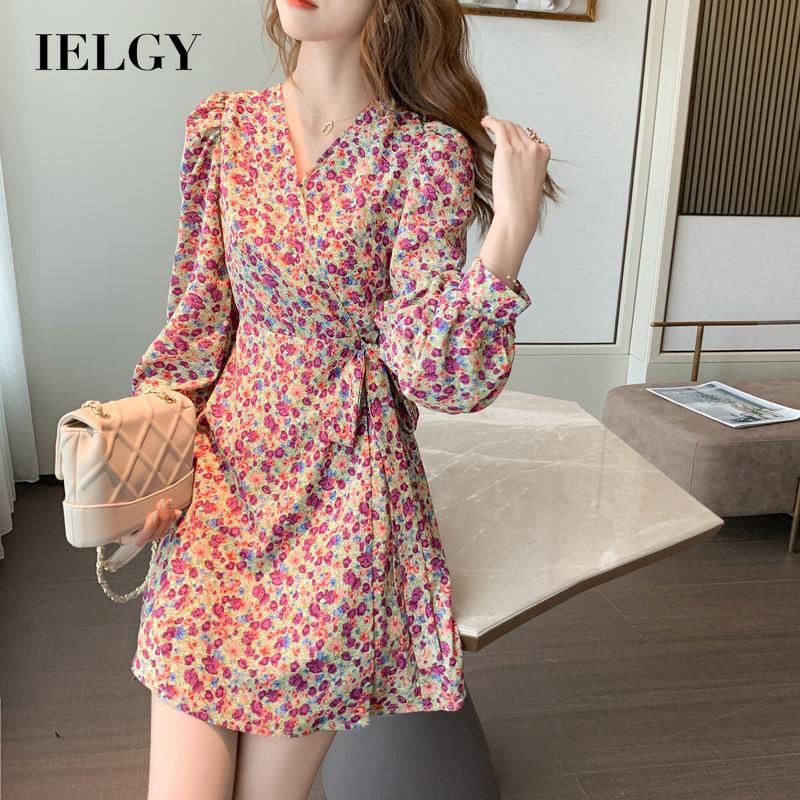 IELGY Women's dress slim casual long-sleeved fashion chiffon floral all-match dress A-line