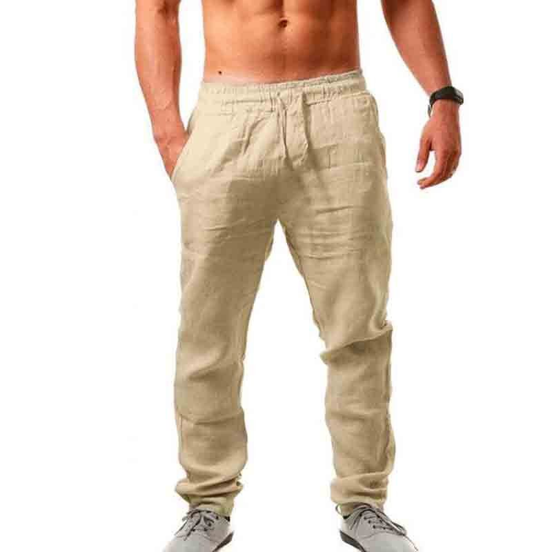Men's Summer Casual Pants Natural Cotton Trousers Breathable White Elastic Waist Straight Men's Pant Top Quality