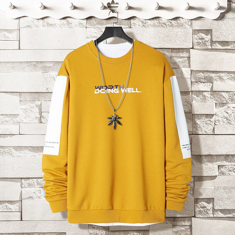Oversized Crewneck Sweatshirt Men Spring Solid  Hop Japanese Streetwear Pullovers Yellow Hoodie Men Sweatshirts Male