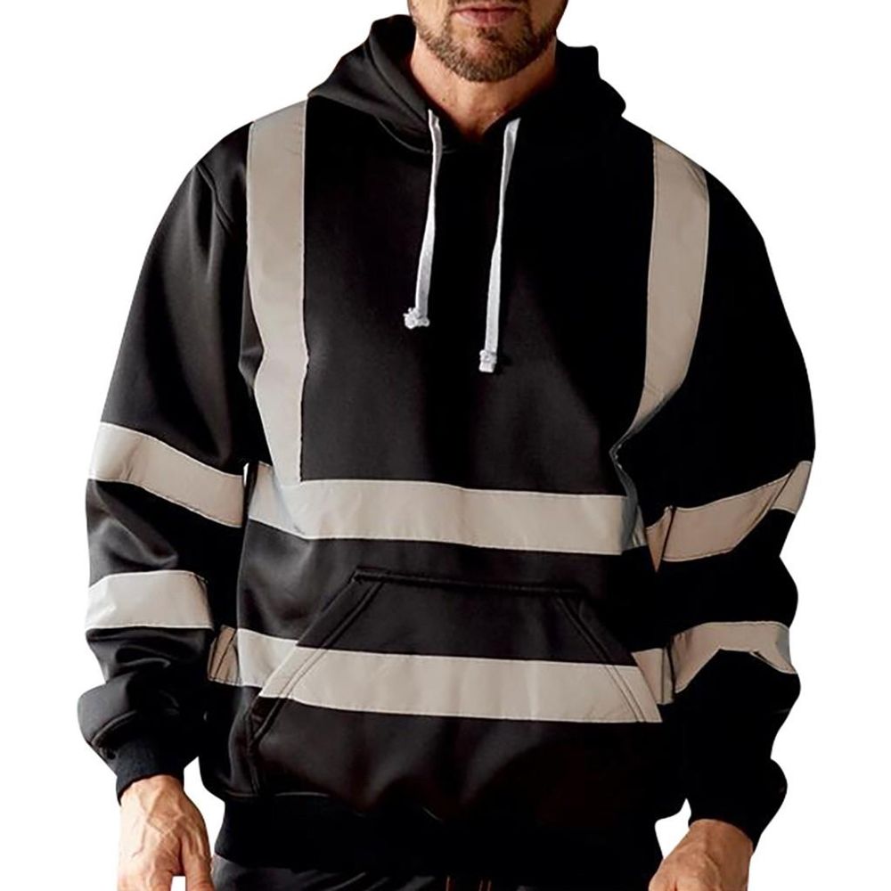 Mens Road Work High Visibility Pullover Long Sleeve Hooded Sweatshirt Tops Blouse