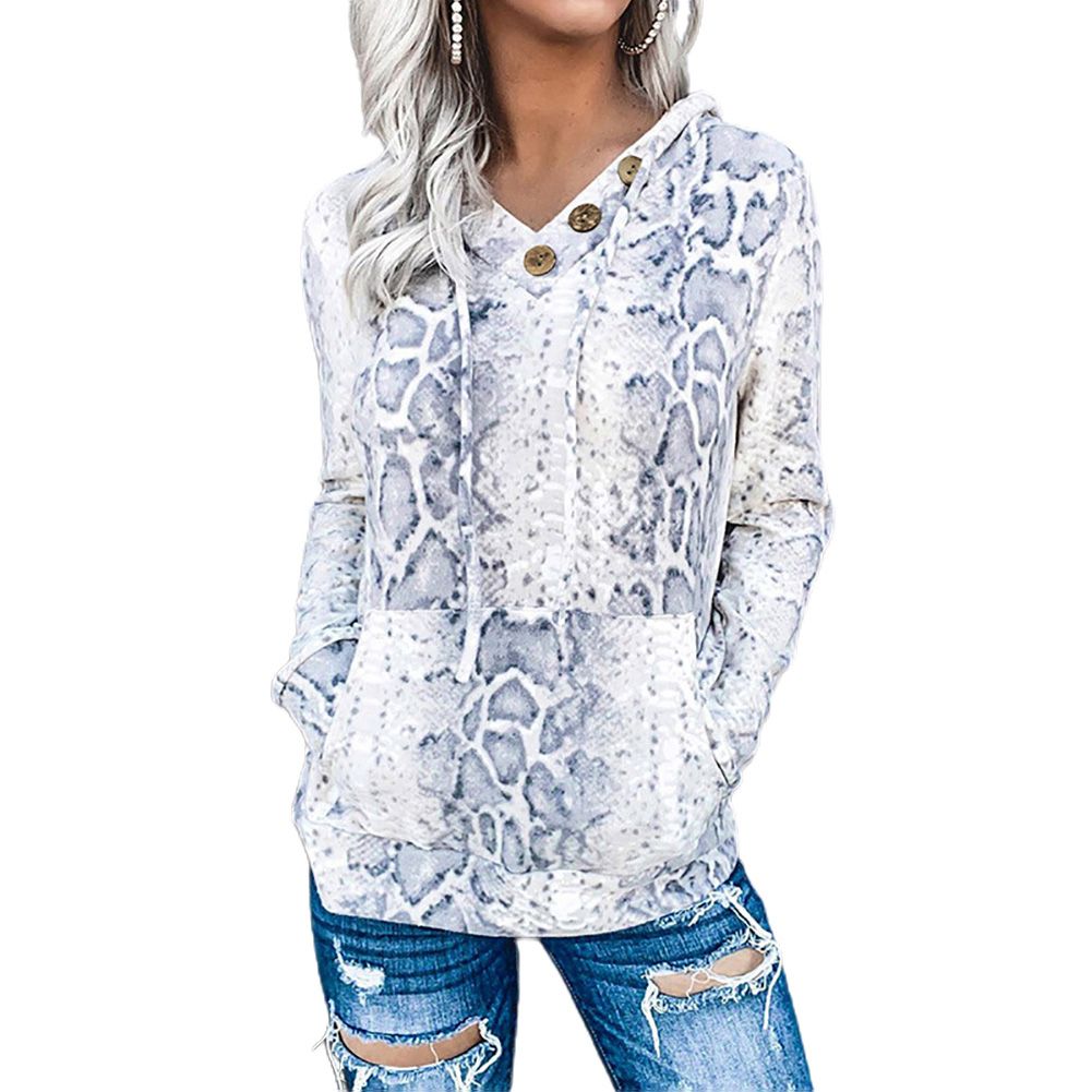 Women Buttons Long Sleeve Hoodie Camo Leopard Snake Sweatshirt Blouse