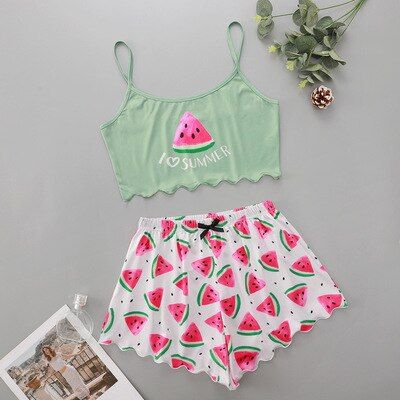 Sleepwear Home Suit Summer V Neck y Pyjamas Women Pijama Femme Spaghetti Strap Loose Print Lovely Nightie