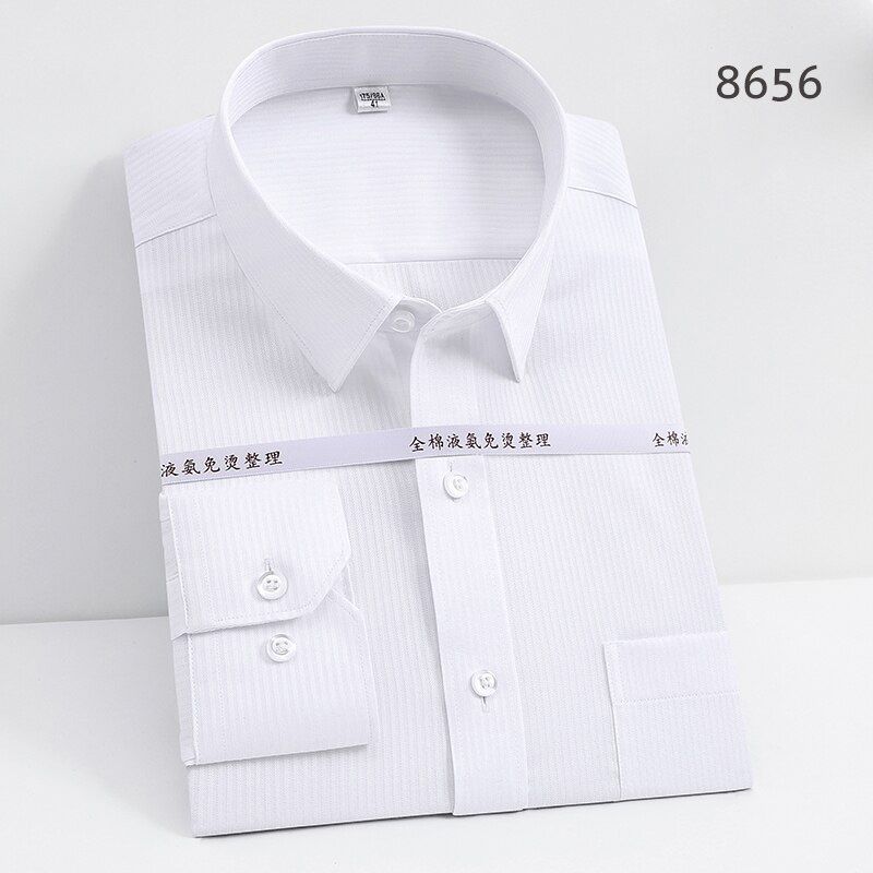 Non-Iron Cotton Men Dress Shirts Solid 8XL Plus Size Social Formal Shirt Mens Anti Wrinkle Long Sleeve Regular Fit Striped New