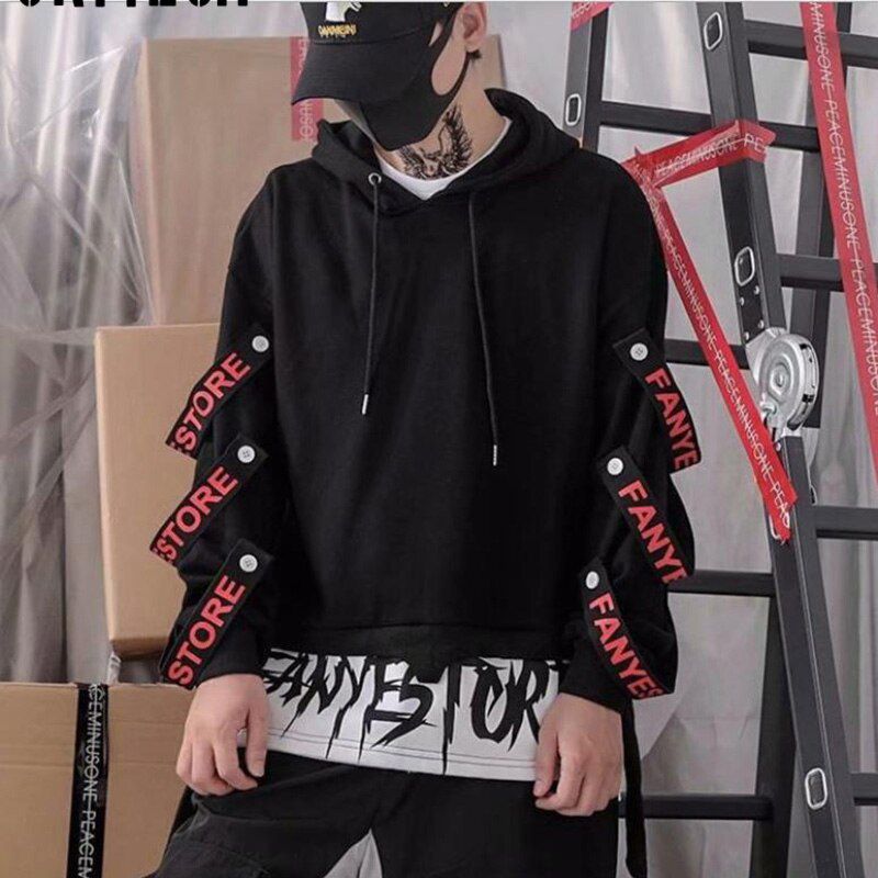 Hoodies Sweatshirts Men Hooded Fake Two Pieces  Drawstring Letter Ribbons Men Boys Pullover Top  Hop Streetwear Hoodies