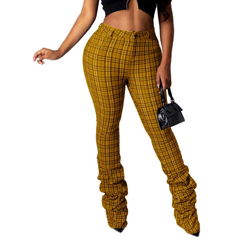 Women’s Autumn Korean Casual Trousers Personality Plaid High Waist Pleated Feet Long Pants