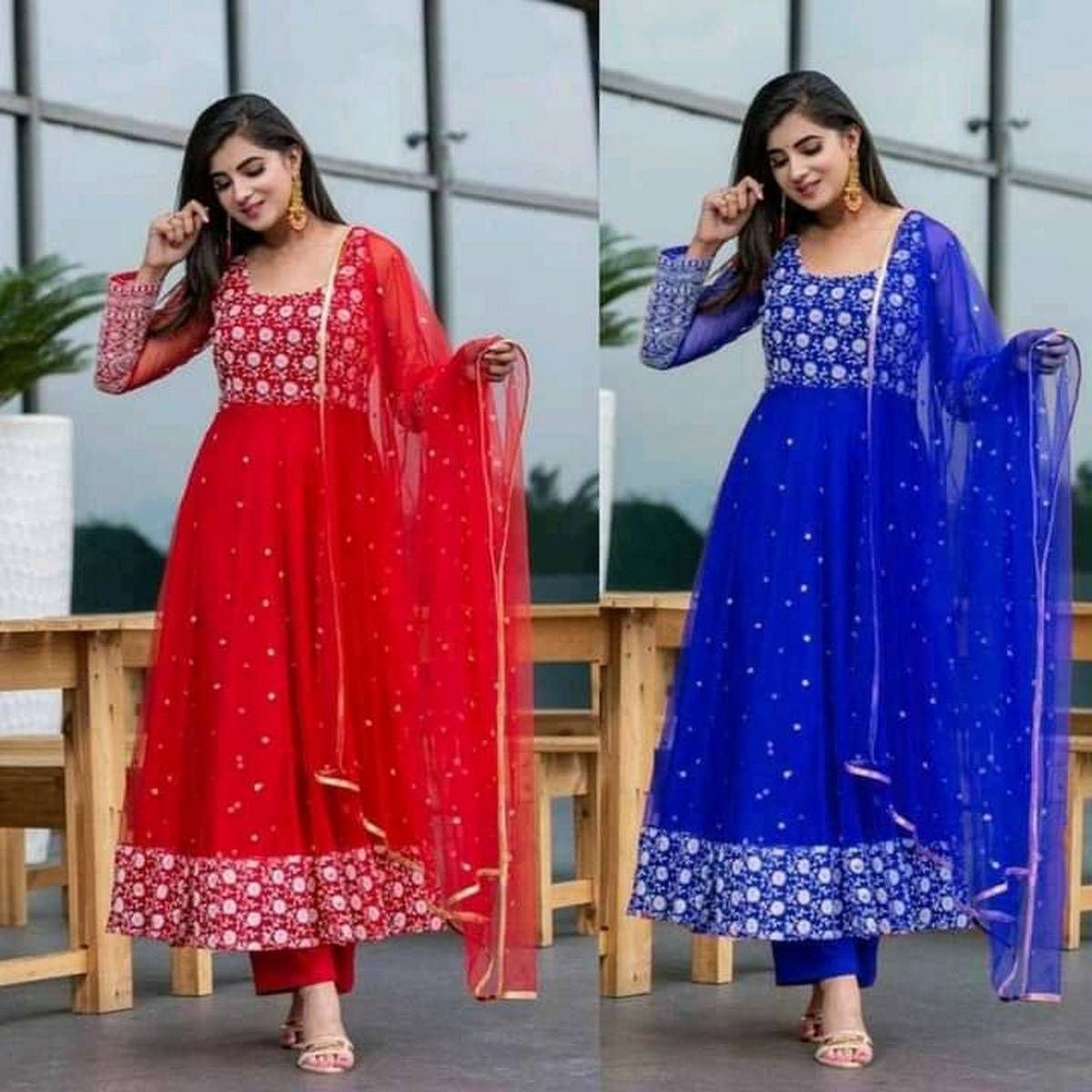Semi-Stitched Free Size Embroidery Soft Indian Georgette/Jorjet Sarara Salwar Kamiz Three Piece Anarkali Palazzo