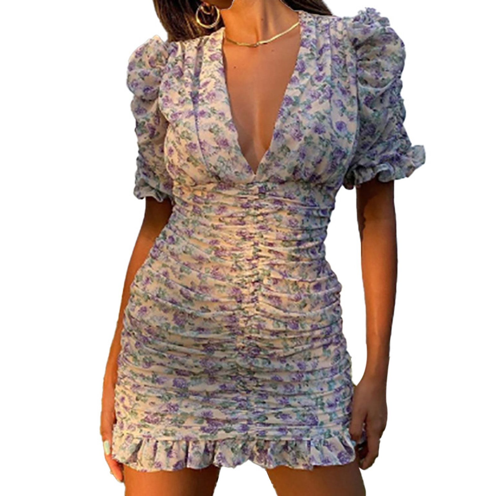 Women Dress Small Floral Print Sweat Absorbent Soft Maxi Summer Long Dress for Travel