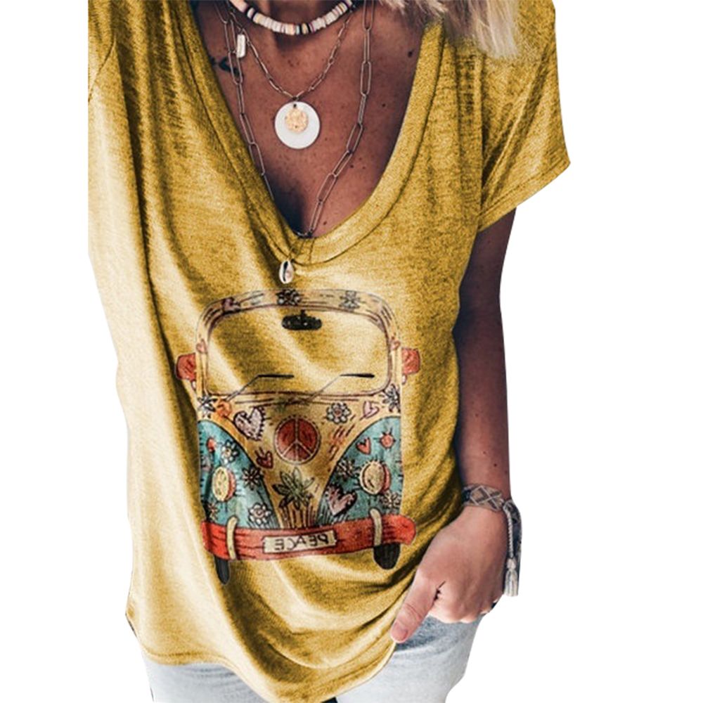 Women Summer V Neck Short Sleeve Cartoon T-shirt
