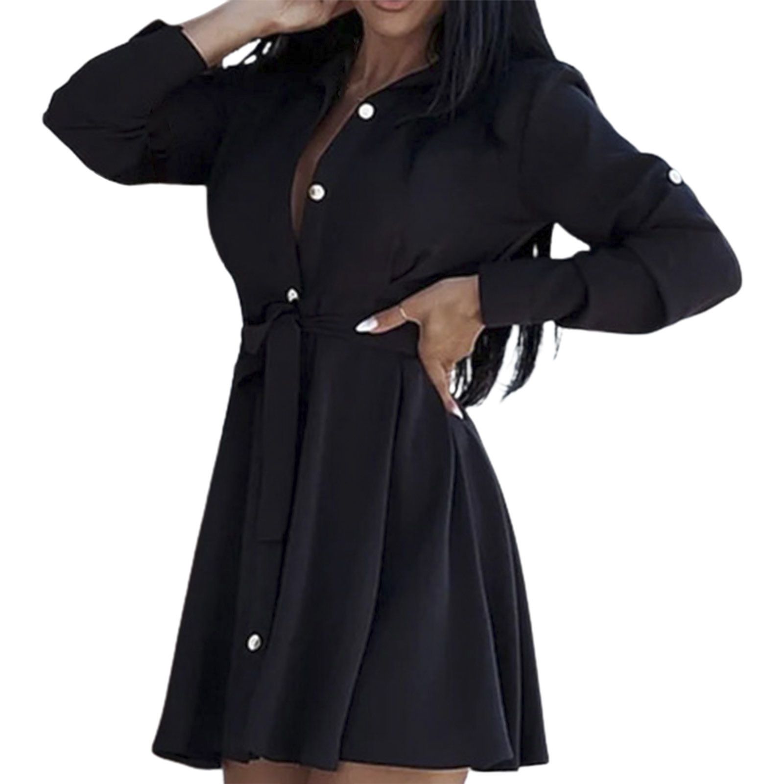 Office Dress A-Line Solid Color Single ed Shirt Dress