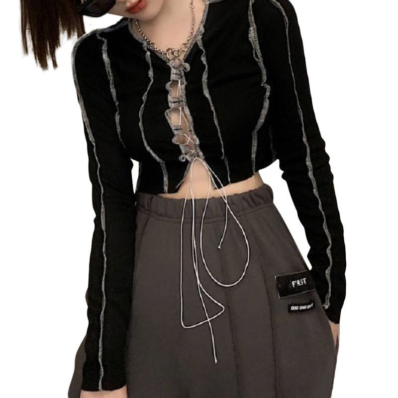 Women Spring Autumn Tops Long Sleeves Cross Straps Tight-fitting Short-style Female Shirt